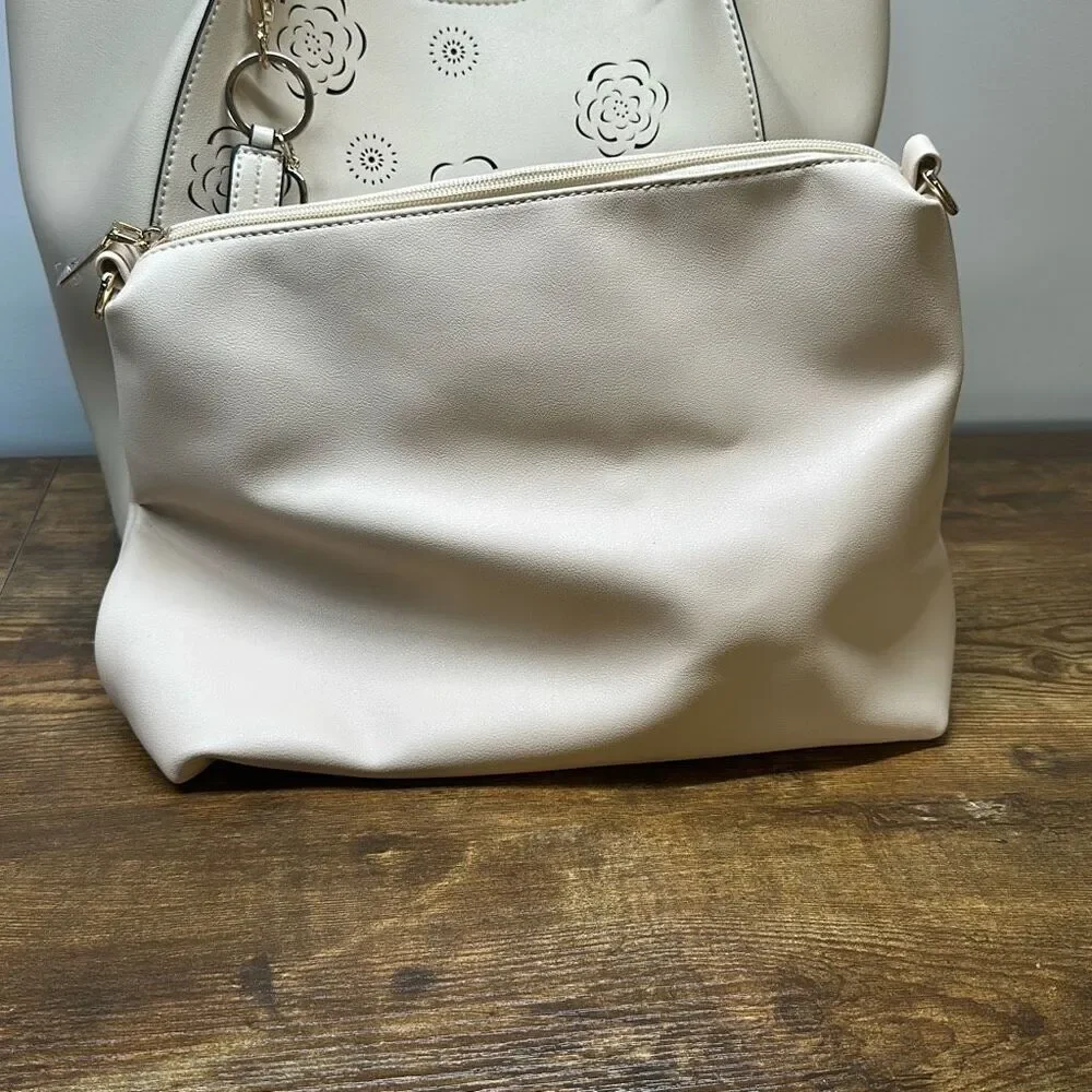Marc New‎ York Andrew Marc Floral Laser Cut Tote Bag Cream Off White with Pouch